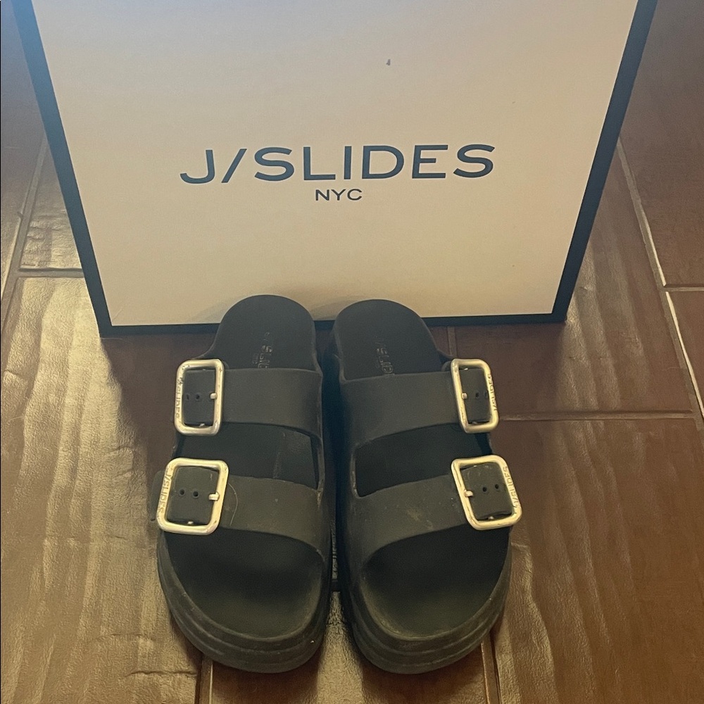 J/SLIDES Double Platform Buckle Black Sandals